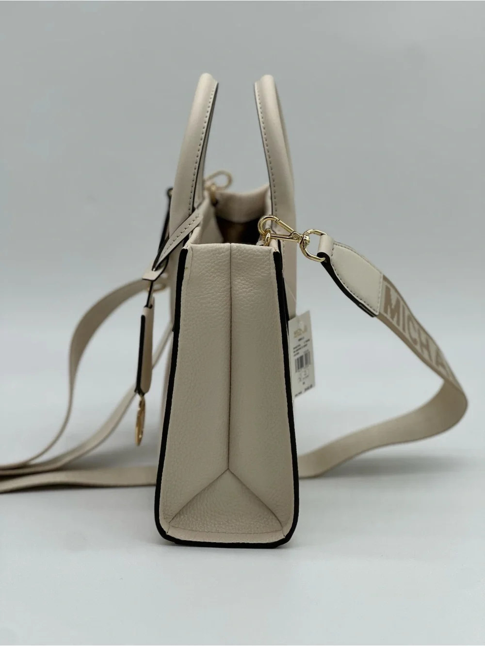 Michael Kors Cream Leather Satchel with Logo Strap and MK Charm